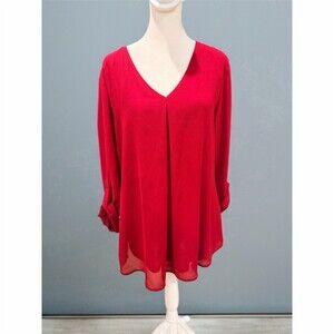 Bebonnie Blouse Womens L Red V-Neck Tunic Roll-Tab Long Sleeve Sheer Hem